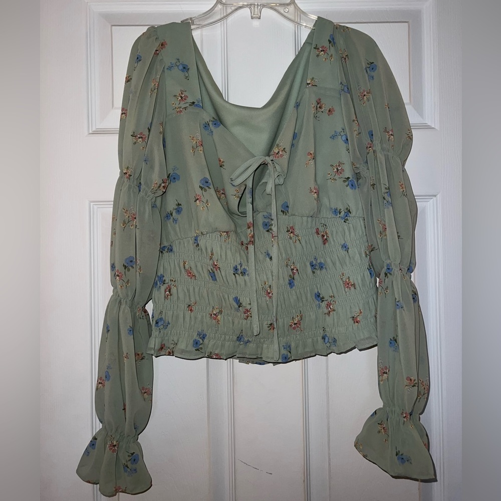 Light Green SO Floral Blouse with Ruffles